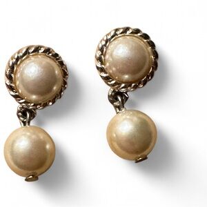 Vintage Clip On Elegant Gold and Cream Drop Earrings